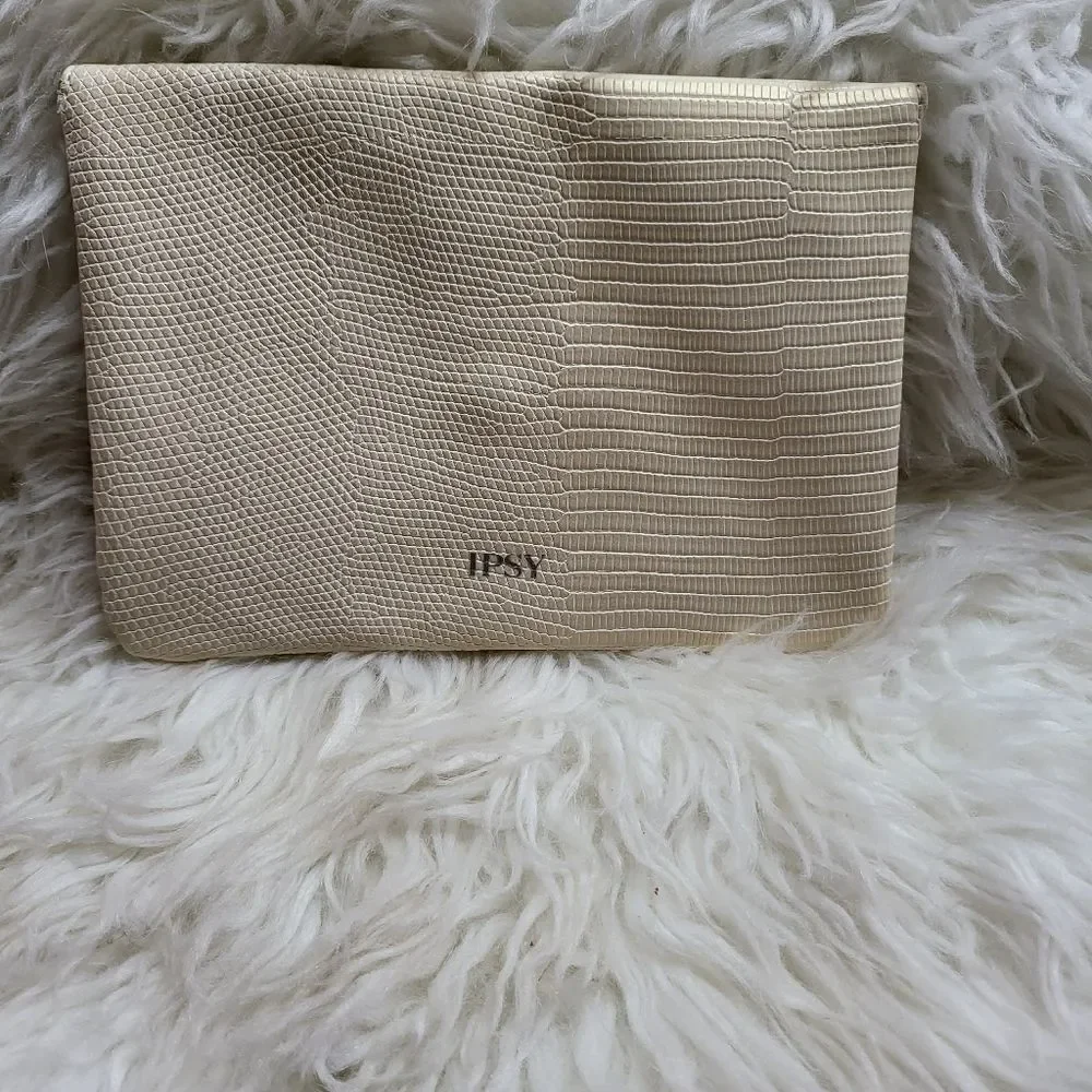 Ipsy Cream Envelope Faux Reptile Cosmetics Bag